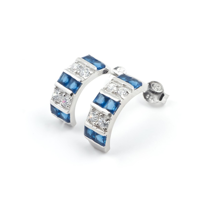 Boucles d'oreilles demi créole en argent oxydes blanc et bleu