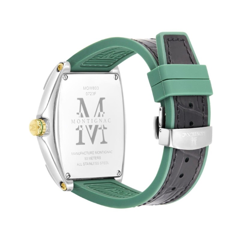 Montre Homme Montignac Tonneau bracelet silicone vert et cuir noir