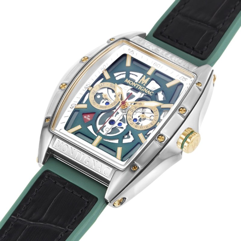 Montre Homme Montignac Tonneau bracelet silicone vert et cuir noir