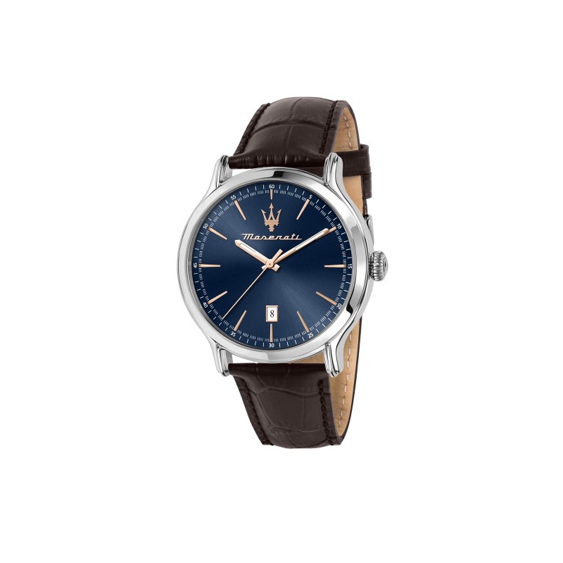 Montre Homme Maserati Epoca bracelet cuir marron fond bleu