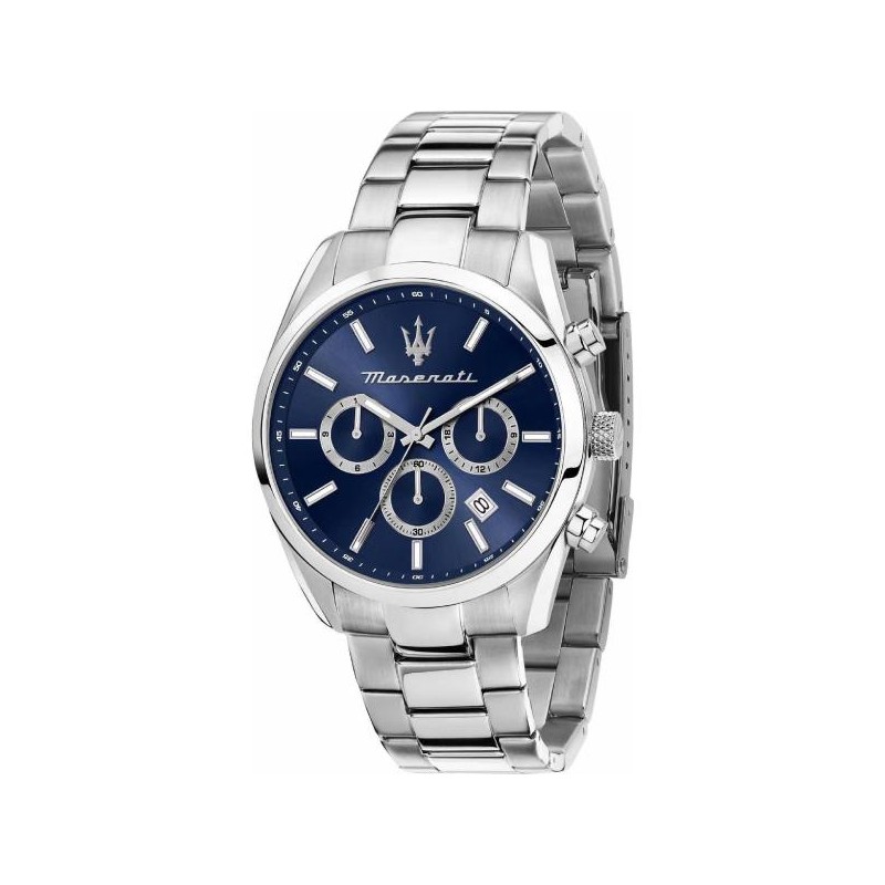 Montre Homme Maserati Attrazione acier argenté fond bleu avec chrono et dateur