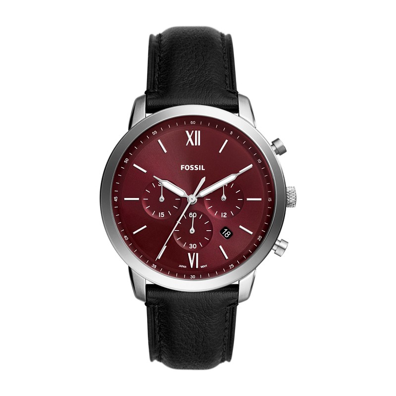 Montre Fossil Homme Neutra chronographe bracelet cuir noir fond rouge