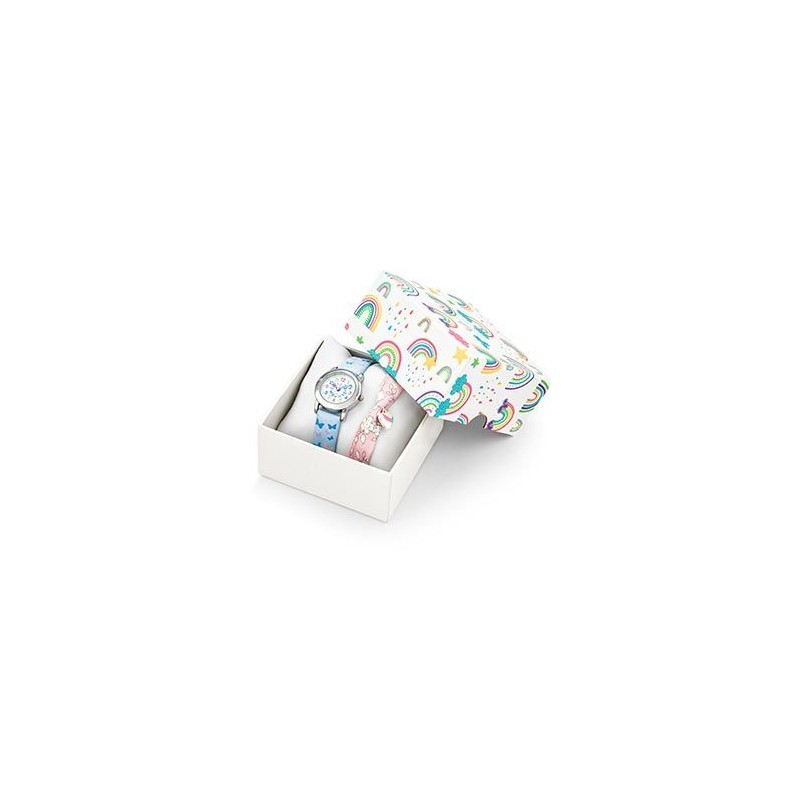 Coffret Montre Certus Junior fille cuir bleu motifs papillons accompagnée d'un bracelet
