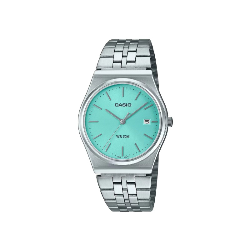 Montre Casio acier argenté fond bleu turquoise avec dateur