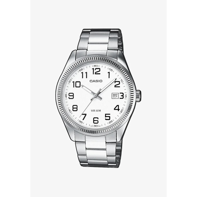 Montre Casio acier argenté fond blanc avec dateur