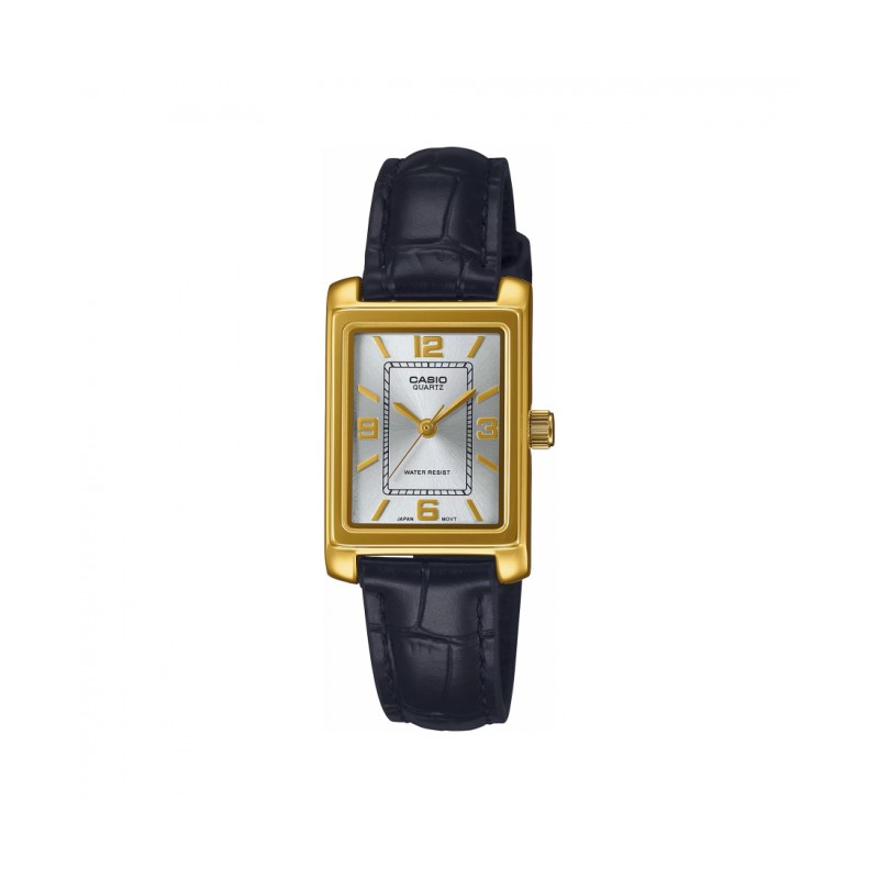 Montre Casio cuir noir forme rectangle doré