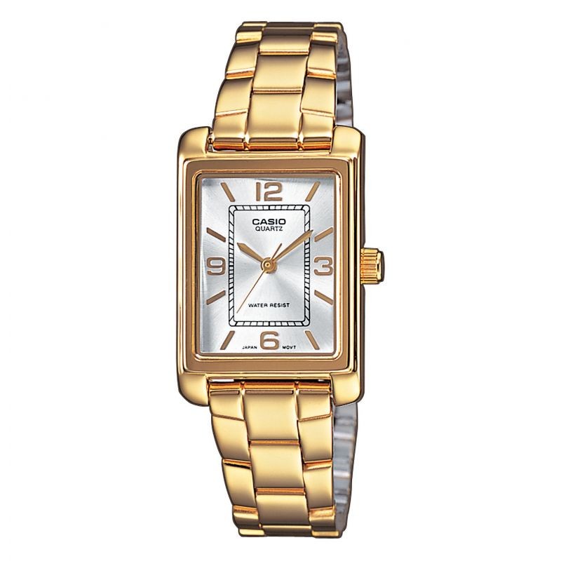 Montre Casio acier doré boite rectangle fond blanc