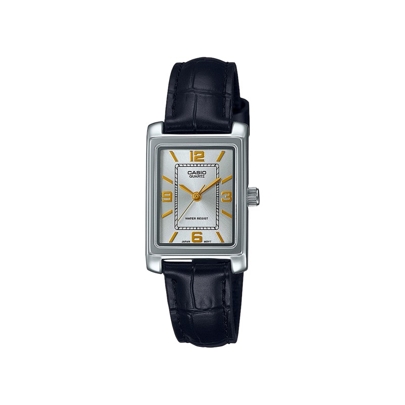 Montre Casio cuir noir forme rectangle argenté index dorés