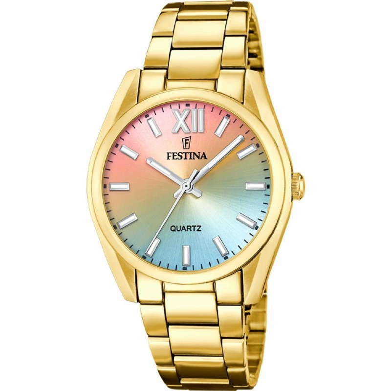Montre Femme Festina Boyfriend acier doré fond multicolores
