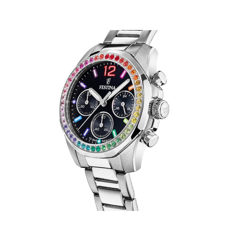 Montre Femme Festina Boyfriend acier argenté fond noir oxydes de zirconium multicolores