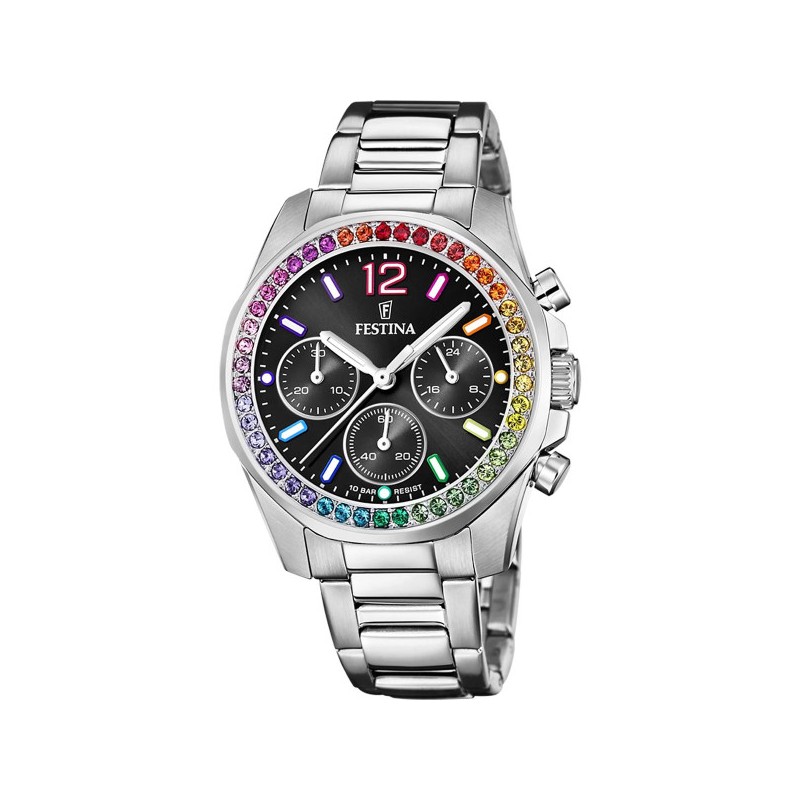 Montre Femme Festina Boyfriend acier argenté fond noir oxydes de zirconium multicolores