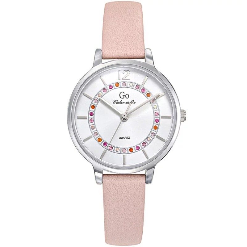 Montre Go femme bracelet cuir rose fond cadran argenté avec oxydes rose