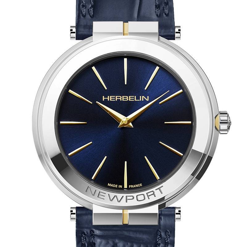Montre Homme Michel Herbelin Collection Newport Slim Bracelet en Cuir et cadran rond bleu nuit
