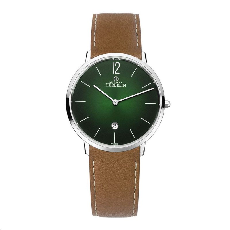 Montre Homme Michel Herbelin Collection CITY Bracelet en Cuir marron Cadran rond vert
