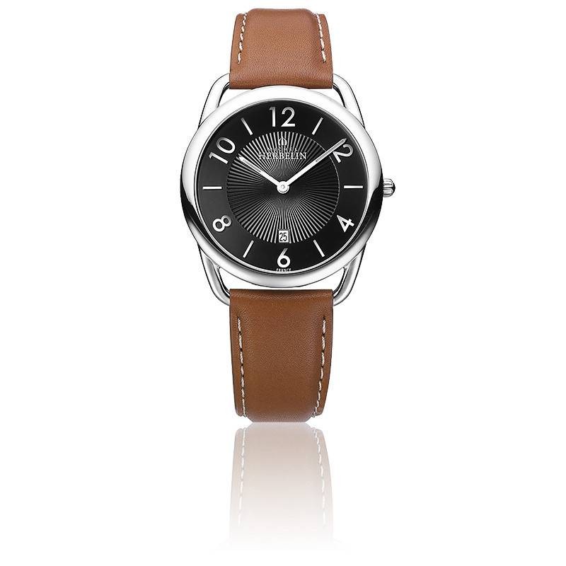 Montre Homme Michel Herbelin Collection Equinoxe Bracelet en Cuir marron Cadran rond noir