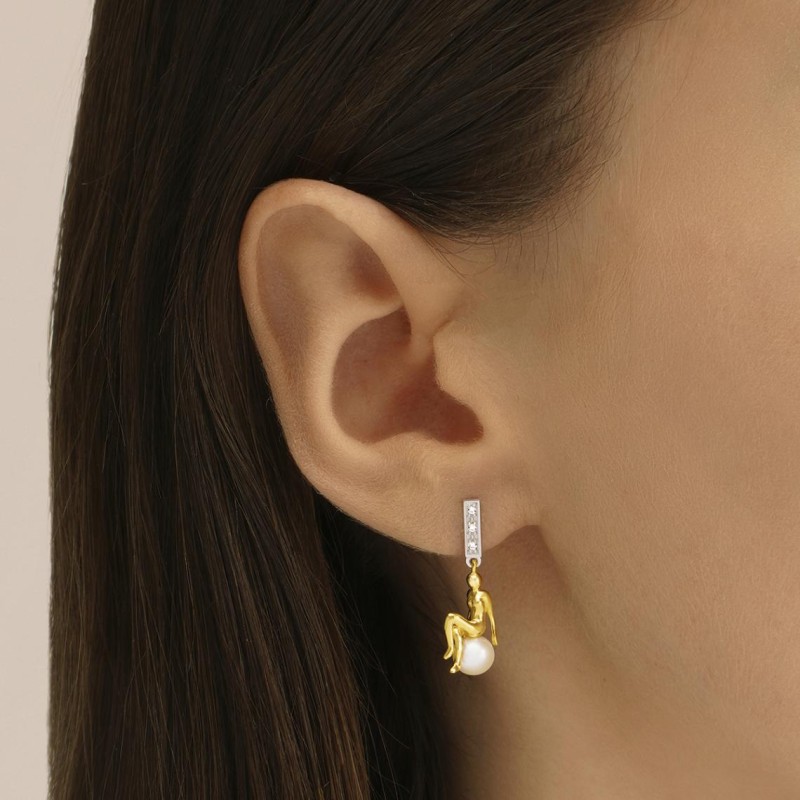 Boucles d'oreilles Jourdan - Luna - en Argent avec perle blanche  et figurine doré