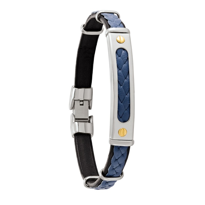 Bracelet Homme Jourdan - Damian - en Acier argenté avec vis en or et cuir bleu tressé