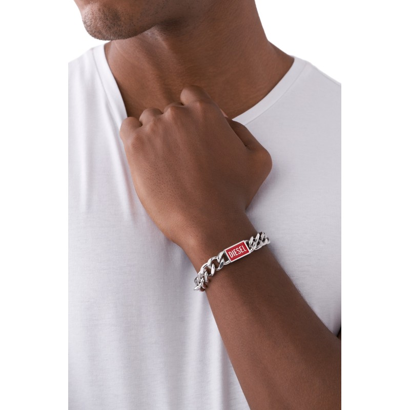 Bracelet Mixte Diesel en acier argenté et émail rouge motif "D"