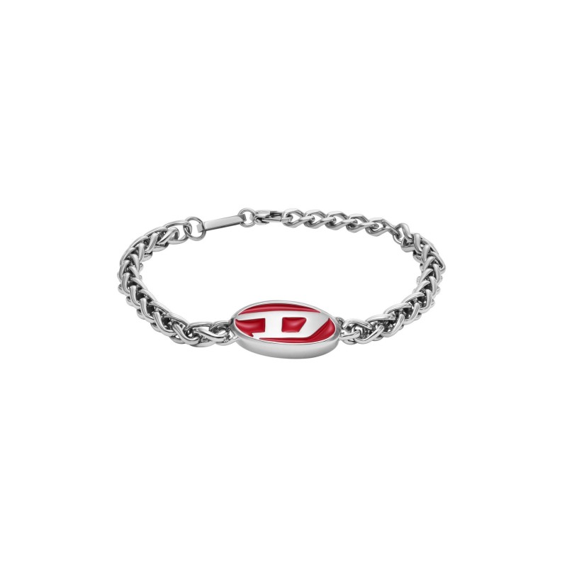 Bracelet Mixte Diesel en acier argenté et émail rouge motif "D"