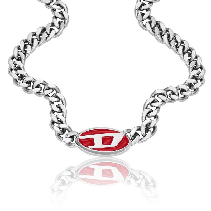 Collier Mixte Diesel maille gourmette en acier argenté et émail rouge motif "D"