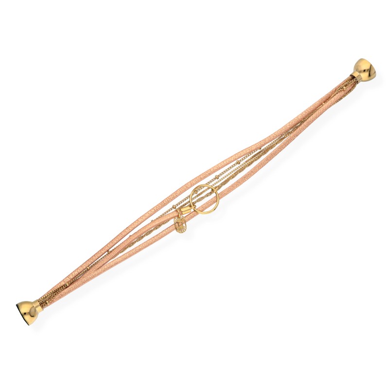 Bracelet Femme Flowers for Zoé Clover en argent doré et cuir rose brillant 17 CM