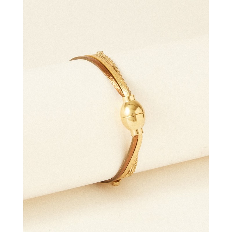 Bracelet Femme Flowers for Zoé Lena en argent doré et cuir doré et marron 18 CM