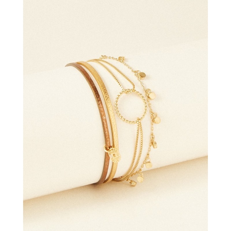 Bracelet Femme Flowers for Zoé Lena en argent doré et cuir doré et marron 18 CM