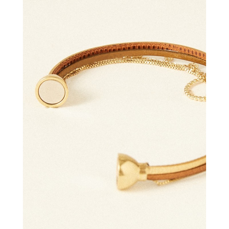 Bracelet Femme Flowers for Zoé Lena en argent doré et cuir doré et marron 17 CM