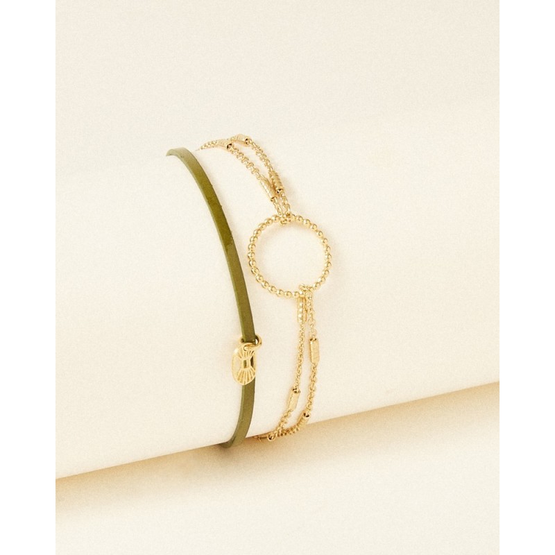 Bracelet Femme Flowers for Zoé Téo en argent doré et cuir vert brillant 18 CM