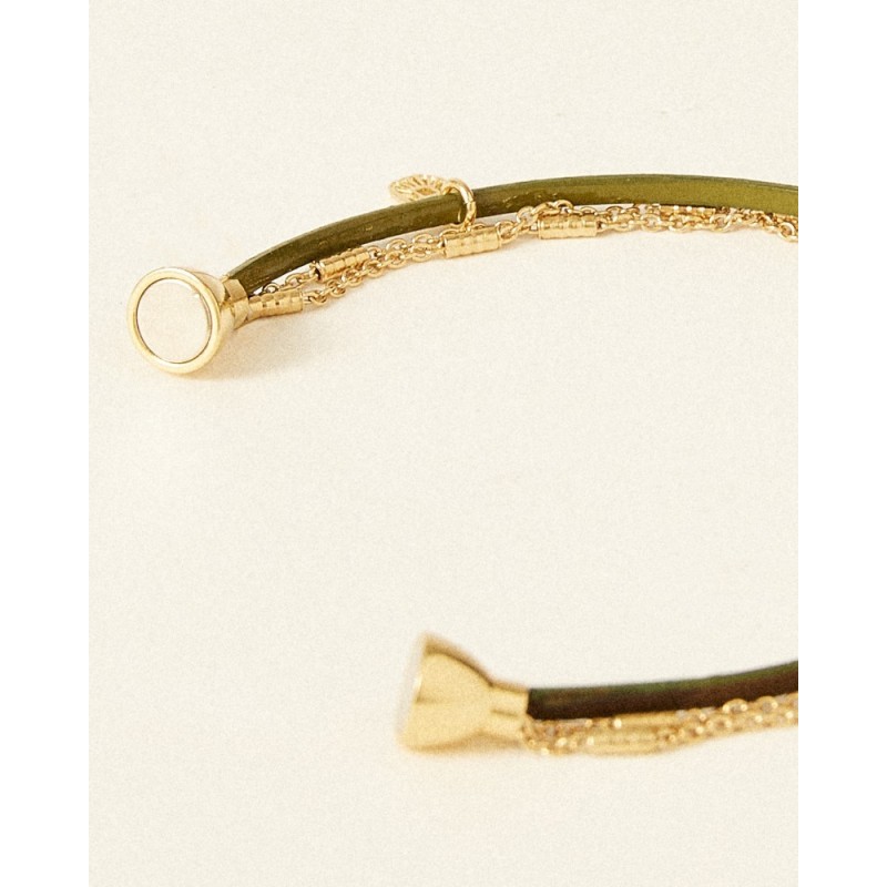 Bracelet Femme Flowers for Zoé Téo en argent doré et cuir vert brillant 18 CM