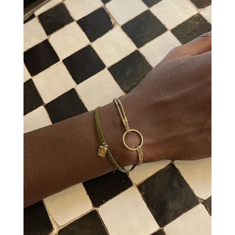 Bracelet Femme Flowers for Zoé Téo en argent doré et cuir vert brillant 18 CM