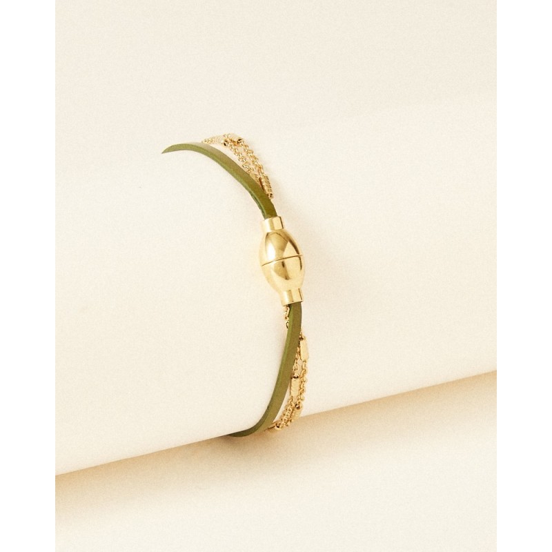 Bracelet Femme Flowers for Zoé Téo en argent doré et cuir vert brillant 17 CM