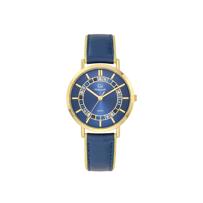 Montre Femme Go Girl Only bracelet cuir et cadran bleu avec cristaux de couleurs