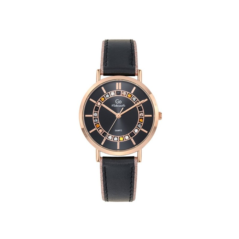 Montre Femme Go Girl Only bracelet cuir et cadran noir avec cristaux de couleurs