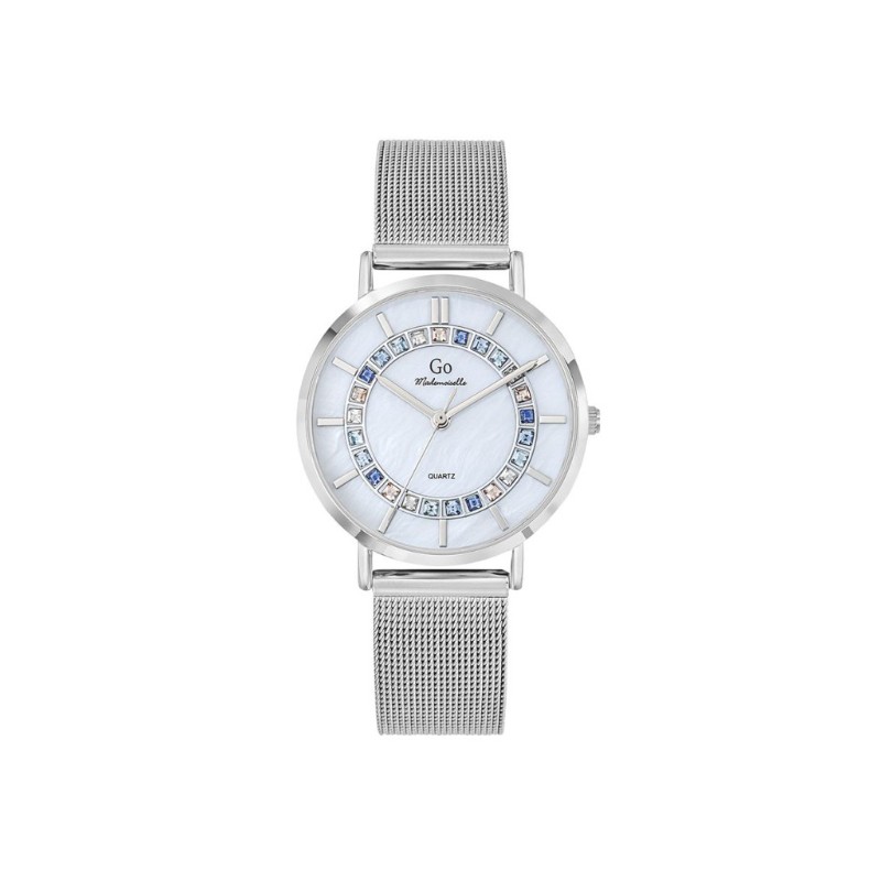 Montre Go femme bracelet acier maille milanaise et cadran nacre avec oxydes de couleurs