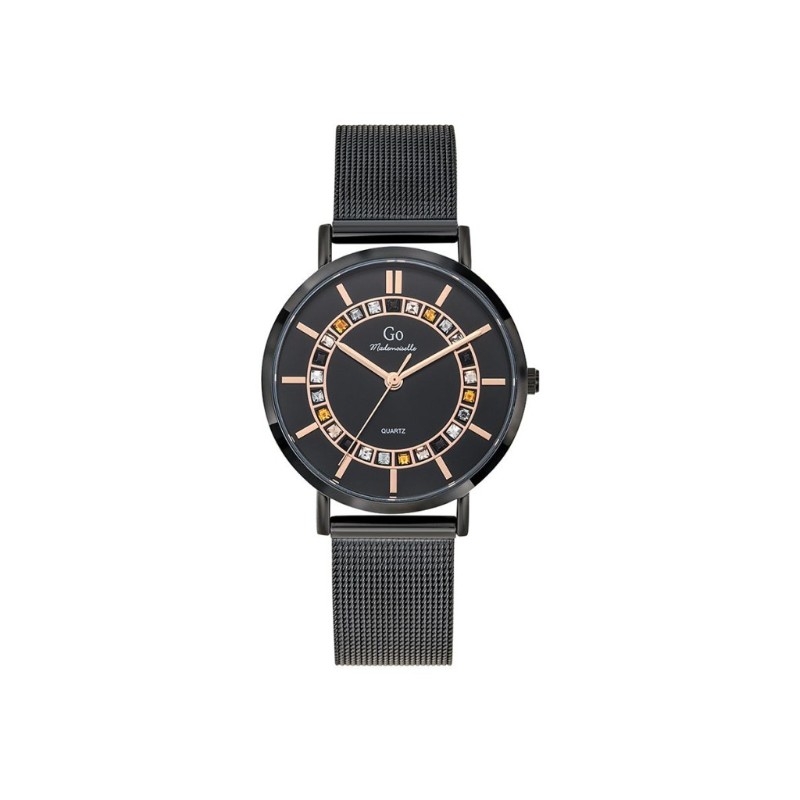 Montre Go femme bracelet acier maille milanaise et cadran noir avec oxydes de couleurs