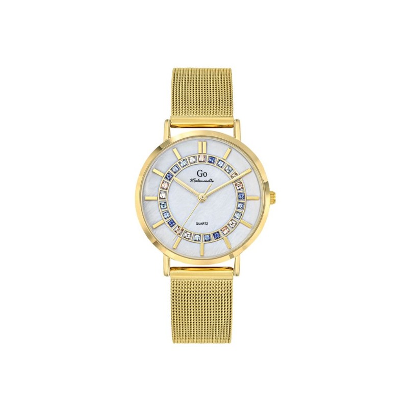 Montre Go femme bracelet acier maille milanaise doré et cadran nacre avec oxydes de couleurs