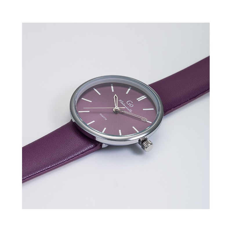 Montre GO MADEMOISELLE Bracelet simili cuir violet boitier argenté