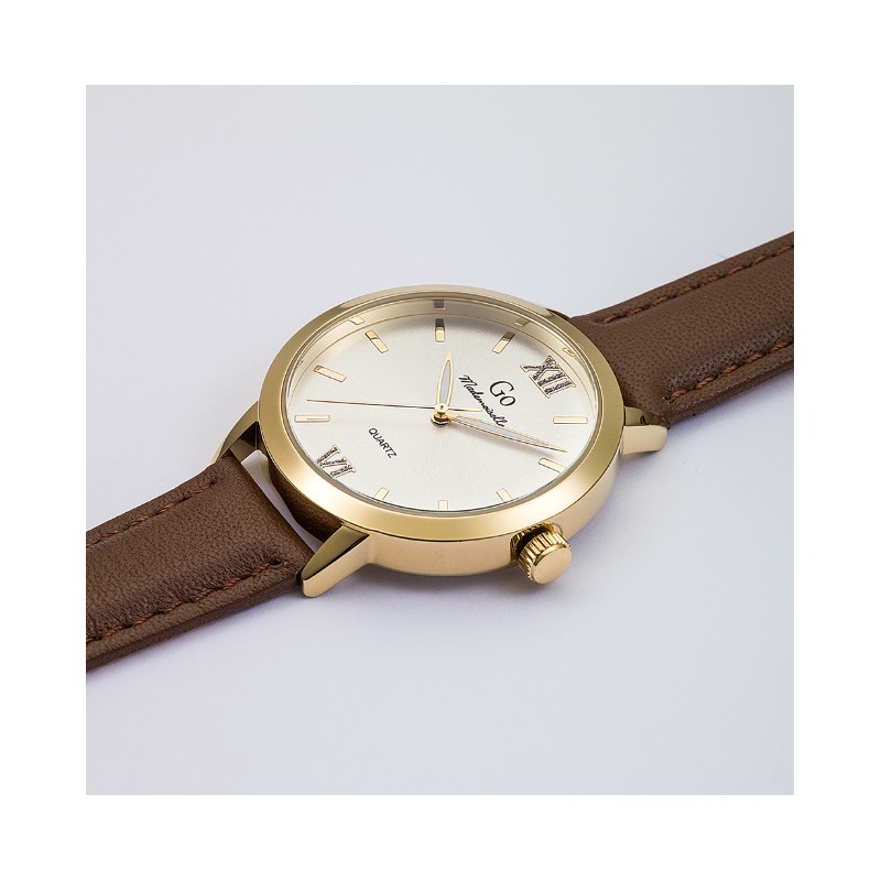 Montre Femme Go Girl Only boitier doré et bracelet cuir marron
