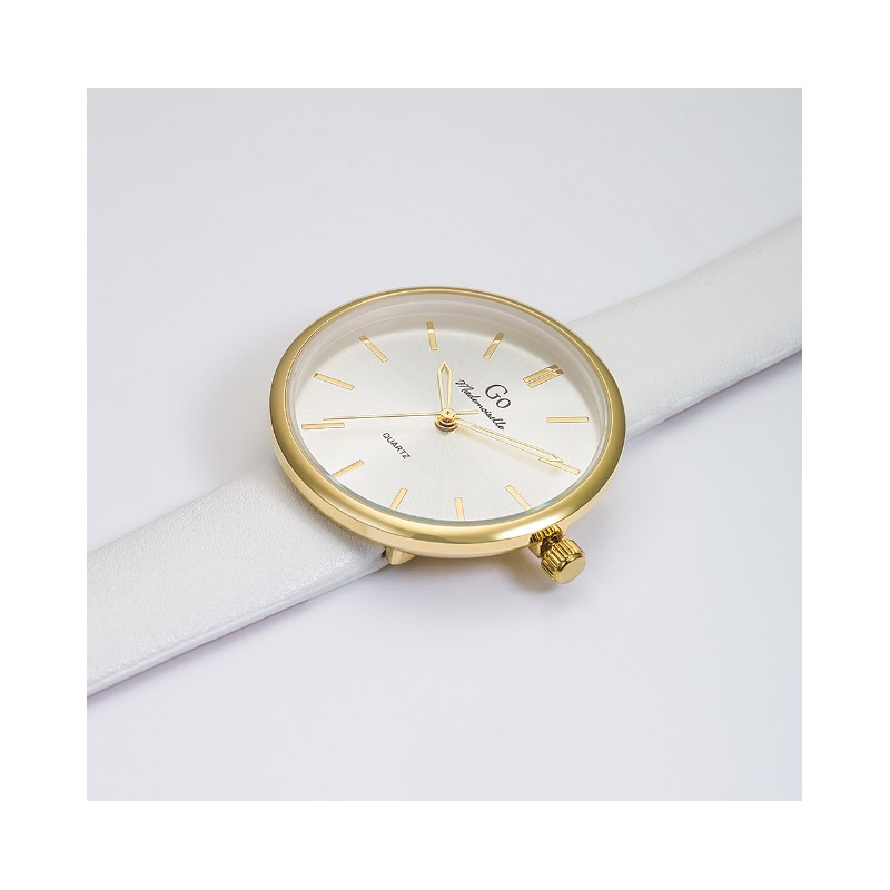 Montre GO MADEMOISELLE Bracelet simili cuir blanc boitier doré