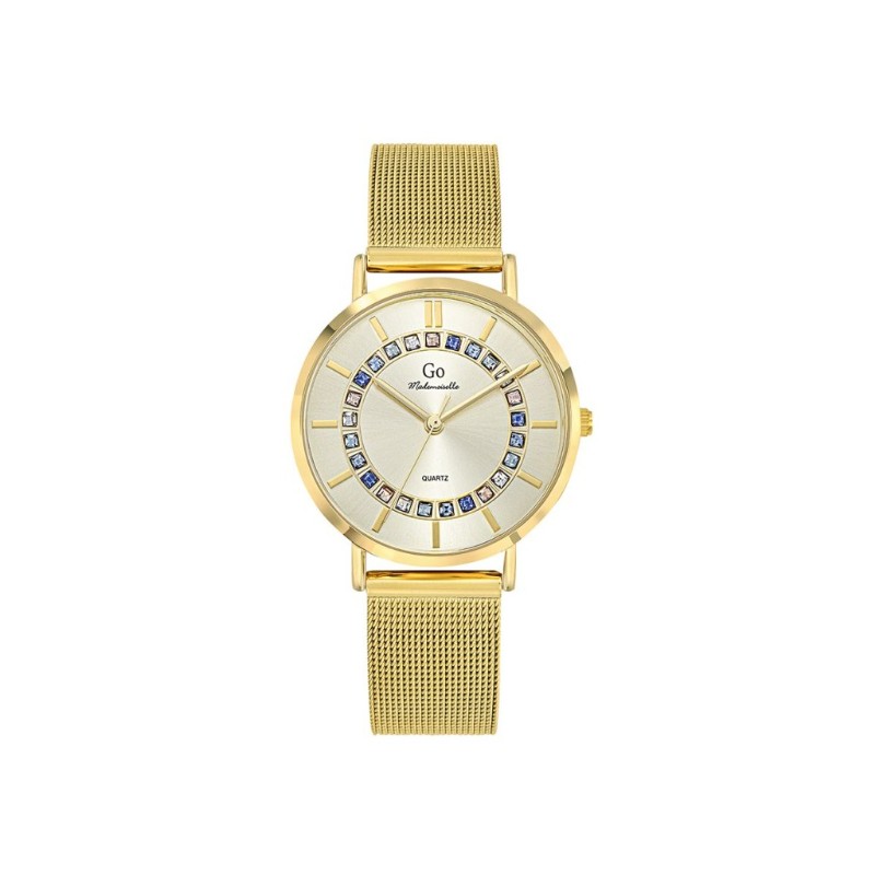 Montre Go femme bracelet acier maille milanaise doré et cadran doré avec oxydes de couleurs