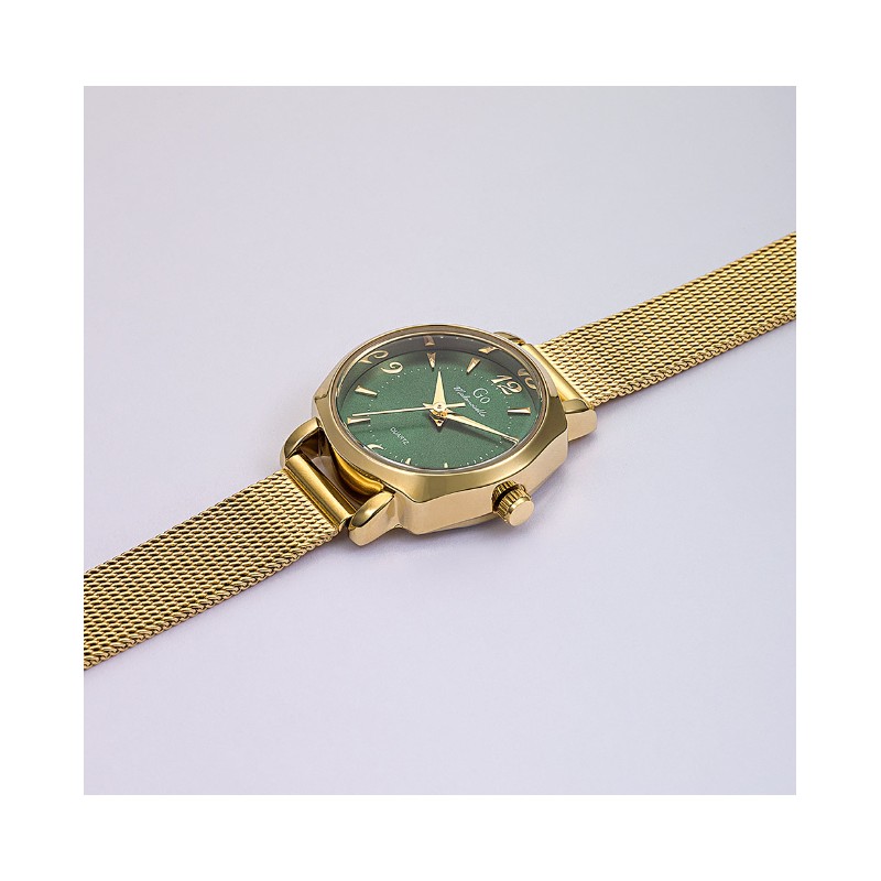 Montre Go femme bracelet acier maille milanaise doré et cadran vert