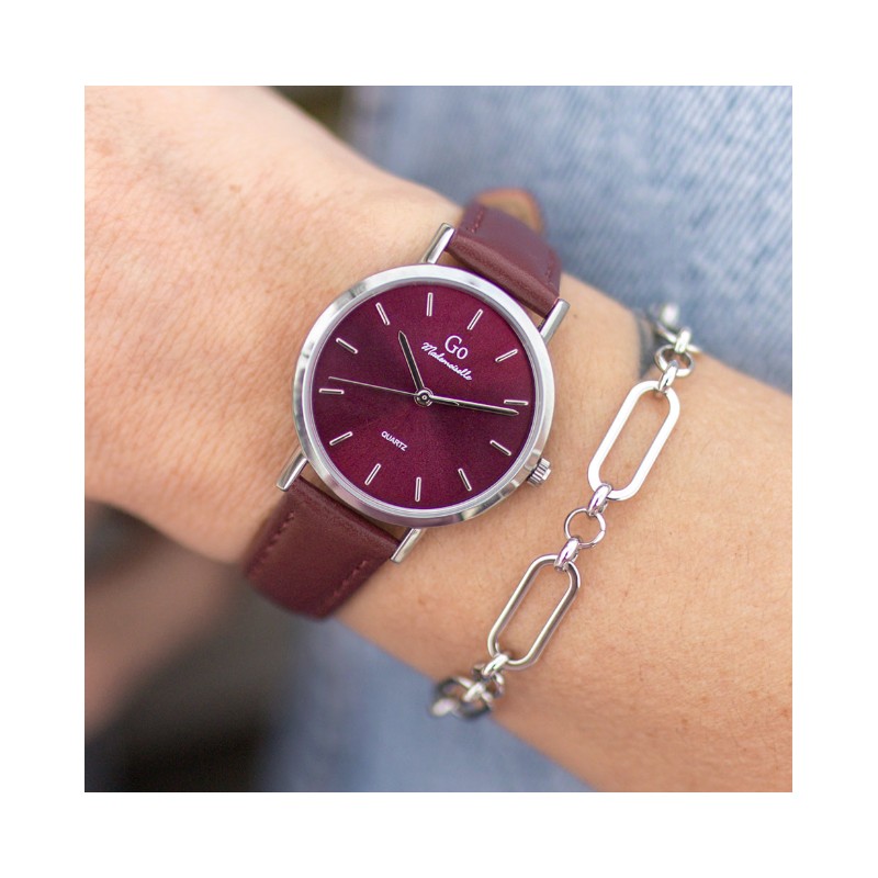 Montre GO GIRL ONLY Bracelet cuire rouge foncé et boitier argenté