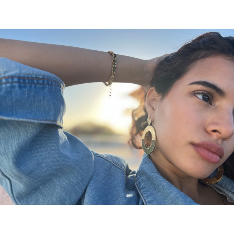 Boucles d'oreilles Flowers for Zoé Illusion en argent doré et cuir Olive