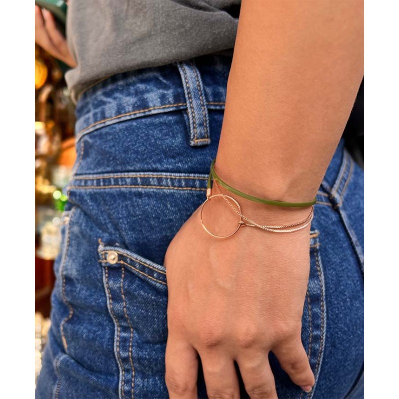 Bracelet Femme Flowers for Zoé Nolah en argent doré et cuire olive 17 CM