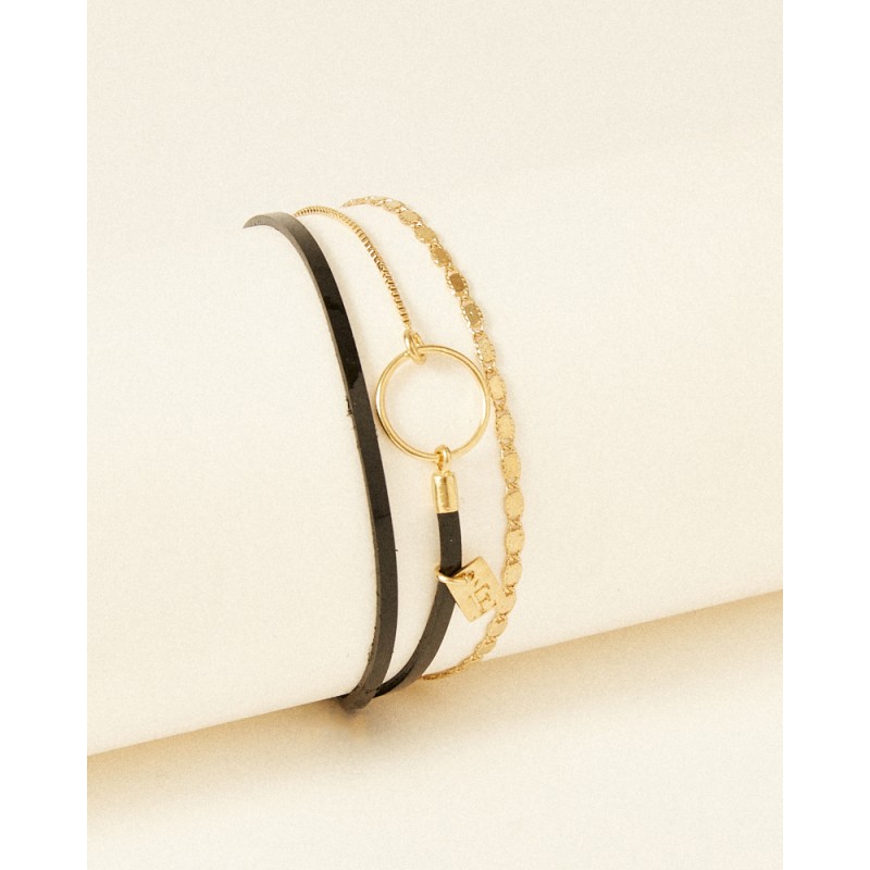 Bracelet Femme Flowers for Zoé TABATHA en argent doré et cuir noir vernis 17 CM