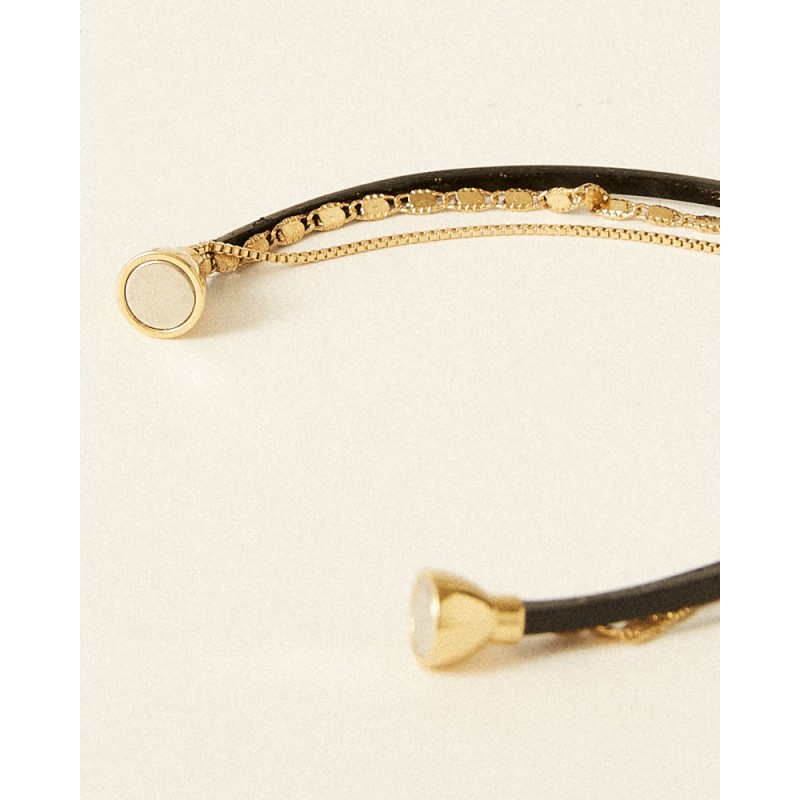 Bracelet Femme Flowers for Zoé TABATHA en argent doré et cuir noir vernis 17 CM