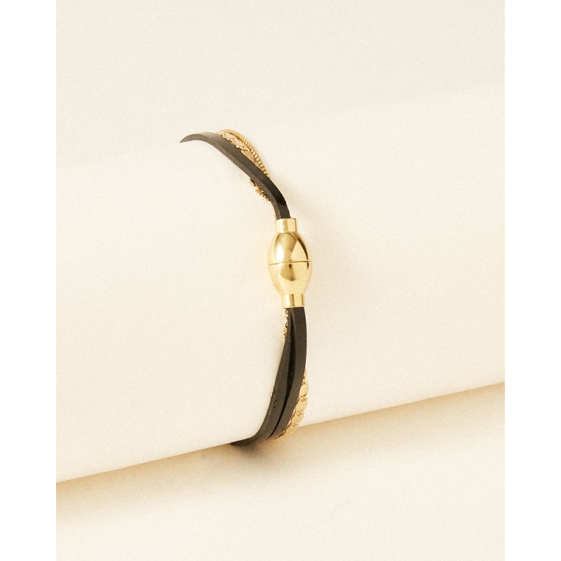 Bracelet Femme Flowers for Zoé TABATHA en argent doré et cuir noir vernis 18 CM