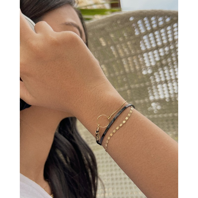 Bracelet Femme Flowers for Zoé TABATHA en argent doré et cuir noir vernis 18 CM