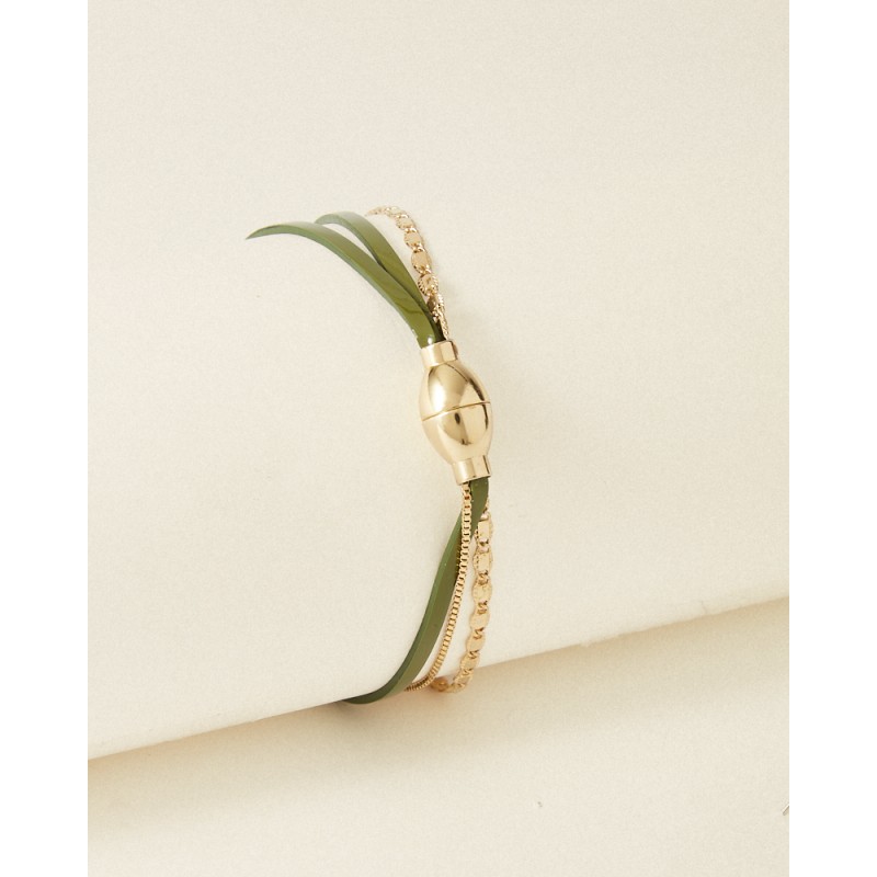 Bracelet Femme Flowers for Zoé TABATHA en argent doré et cuir olive 18 CM